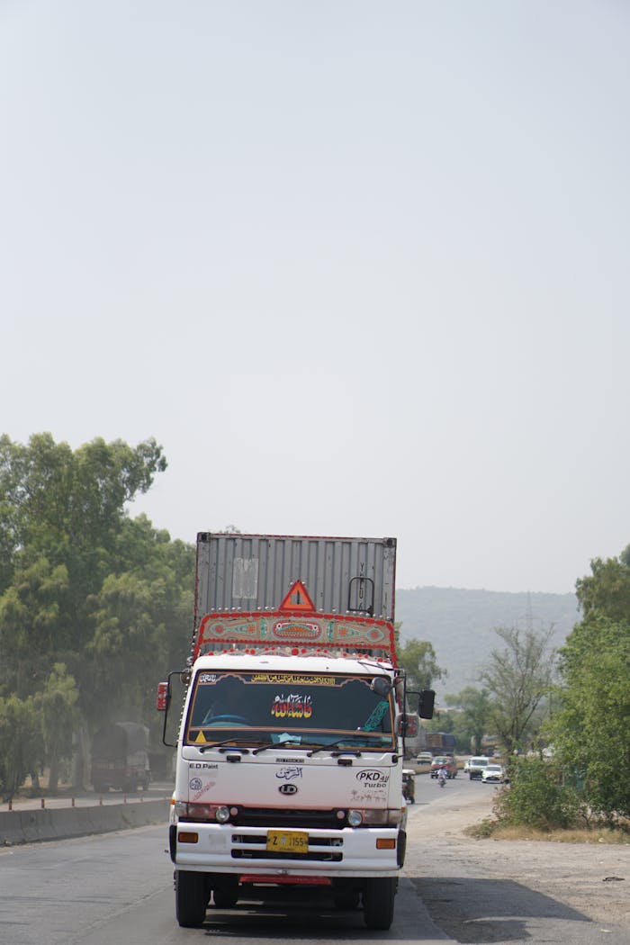 Services Colorful Pakistani truck on a highway surrounded by trees and mountains.