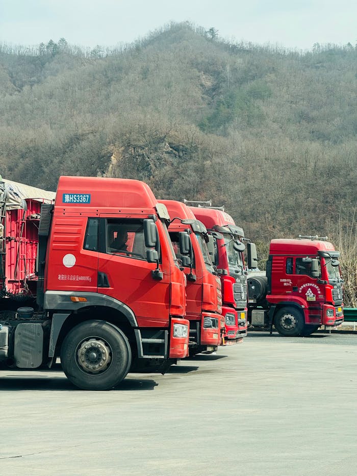 Services Array of red cargo trucks parked outdoors in a mountainous area during day.